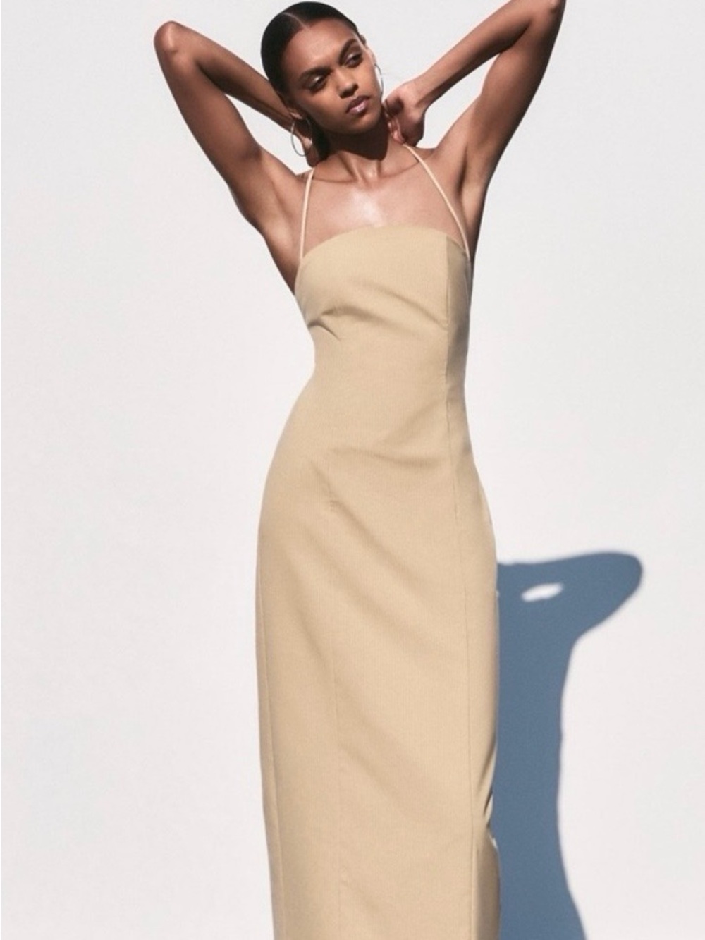 Zara Tan Pinstripe Midi Dress Size Small